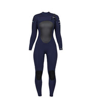 Front of womens navy, 3mm wetsuit with natural rubber and recycled materials by Finisterre 