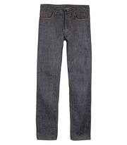 Front of mens indigo organic cotton premium 13oz Japanese selvedge denim jeans by Finisterre
