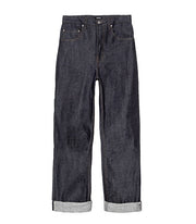 Front of womens indigo, high waisted, selvedge jean by Finisterre 