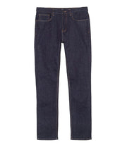 Front of slim indigo organic cotton denim jeans with a water repellent finish by Finisterre