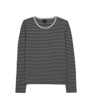 Women’s charcoal and grey stripe long-sleeved t-shirt. Made from organic cotton jersey with soft-touch carbon finish.