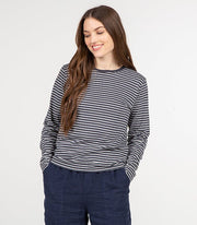 Front of womens dark grey/white striped, organic cotton, long sleeve t-shirt by Finisterre 