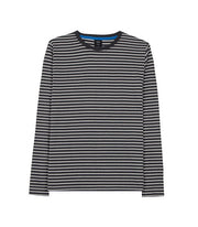 Front of womens dark grey/white striped, organic cotton, long sleeve t-shirt by Finisterre 
