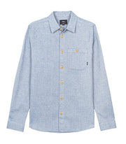 Front of mens light blue, organic cotton, dobby weave shirt by Finisterre 