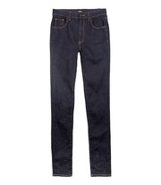 Front of womens indigo, high waisted, skinny fit jeans by Finisterre 