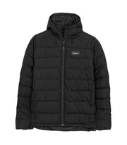 Finisterre's black insulated puffer jacket for women - the Nebulas - uses a water-resistant and sustainable fabric