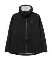 Front of womens black lightweight waterproof jacket by Finisterre 