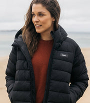 Women's black insulated jacket from Finisterre - the Nebulas - is designed to be worn over knitwear for maximum warmth