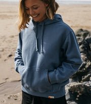 Women's blue vintage inspired hoodie from Finisterre, made from durable 100% organic cotton fabric